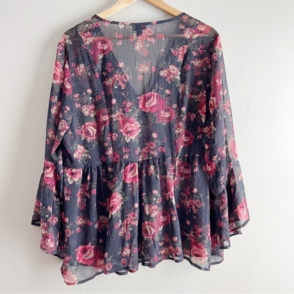 Torrid Babydoll Chiffon Lurex Crochet Lace-Up Sheer Blouse, Black Red Floral, 1X - Picture 12 of 14